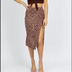 L'ABEYE MAROON PATTERNED SIDE SLIT MIDI SKIRT